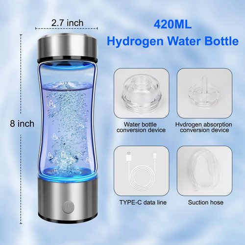 2026 Portable 4000PPB Hydrogen Water Bottle Generator, SPE PEM Tech Glass Ionizer Machine 420ml for Home, Office, Travel, Fitness – Health Benefits with USB-C Charging