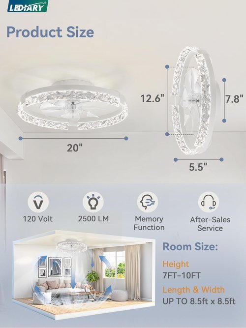 LEDIARY 20 Inch Low Profile Ceiling Fans with Lights and Remote, Fandelier Ceiling Fan Flush Mount, 3000K-6000K Dimmable LED Fan Light, White Modern Ceiling Fans with Lights for Bedroom