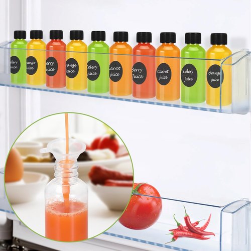 Revahope 24 Pack 2 oz Shot Bottles with Caps, Mini Reusable Plastic Ginger Shots Bottle Leakproof Juice Shot Bottles with Lids for Juice, Oil and Liquid Samples, Small Containers for DIY, Travel