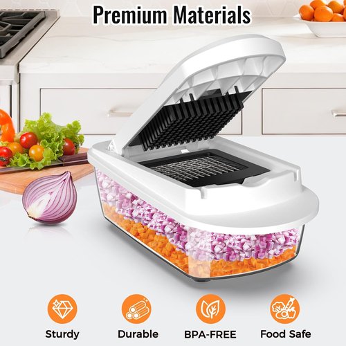 12 Blade Vegetable Chopper Mandoline Slicer - All-in-One Kitchen Gadget with Container | White