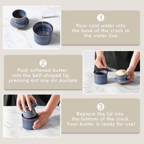 Blue French Butter Dish，Handmade Reactive Glaze Ceramic Butter Crock with Water Line for Speradable Fresh Butter