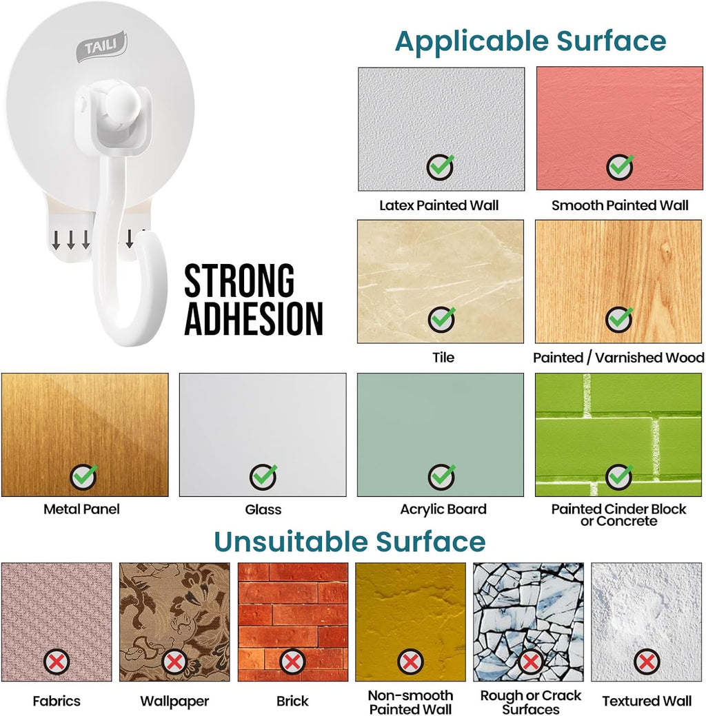 TAILI Heavy-Duty Adhesive Ceiling Hooks - No-Drill Removable Wall Hooks for Plants & Lights | 4 Pack White