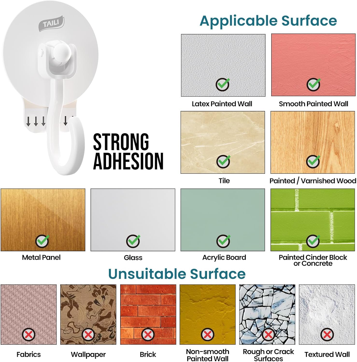 TAILI Heavy-Duty Adhesive Ceiling Hooks - No-Drill Removable Wall Hooks for Plants & Lights | 4 Pack White