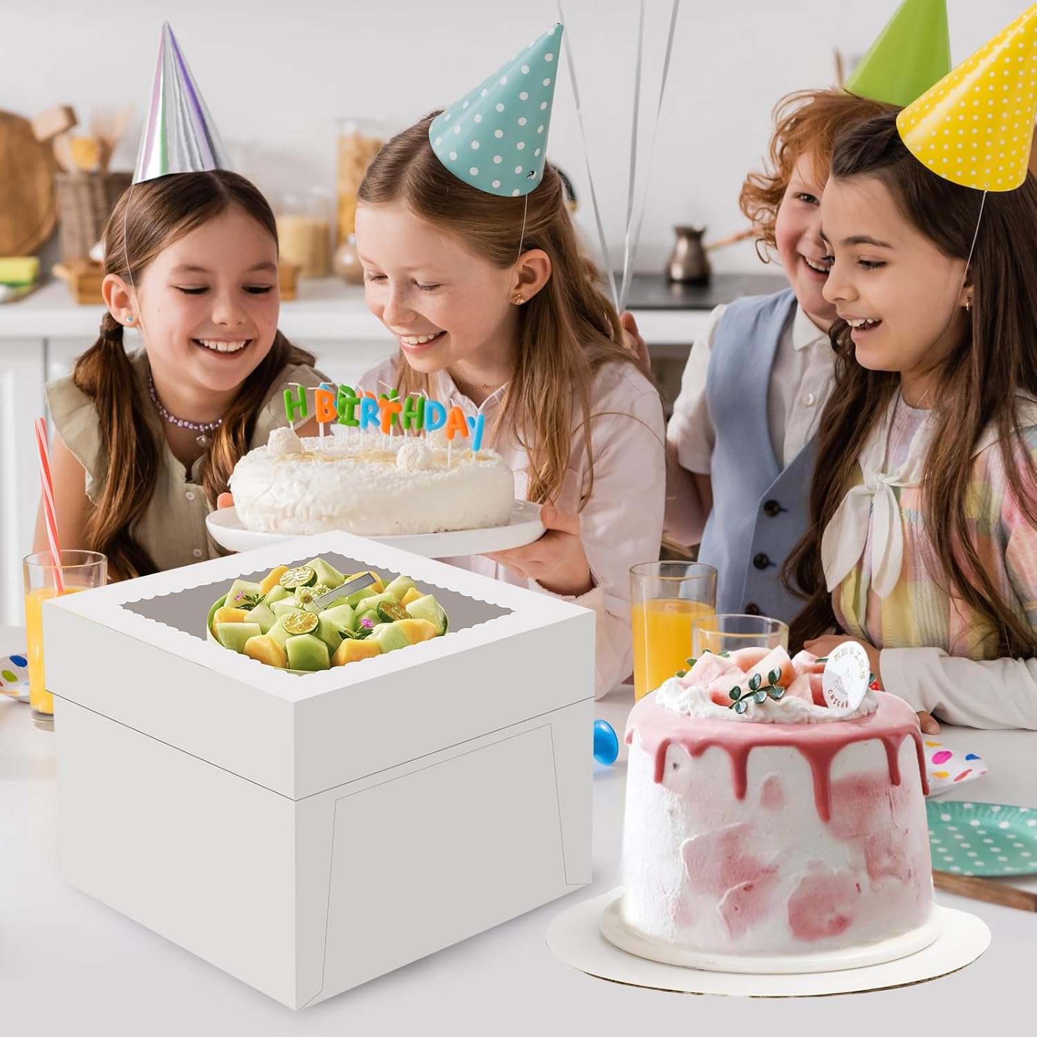 Skiennix Cake Boxes - 12x12x8 Inches Tall White Bakery Boxes with Large Window | 2 Pack, Disposable Transport Containers for Cakes, Cookies, Pies, Weddings, Birthdays