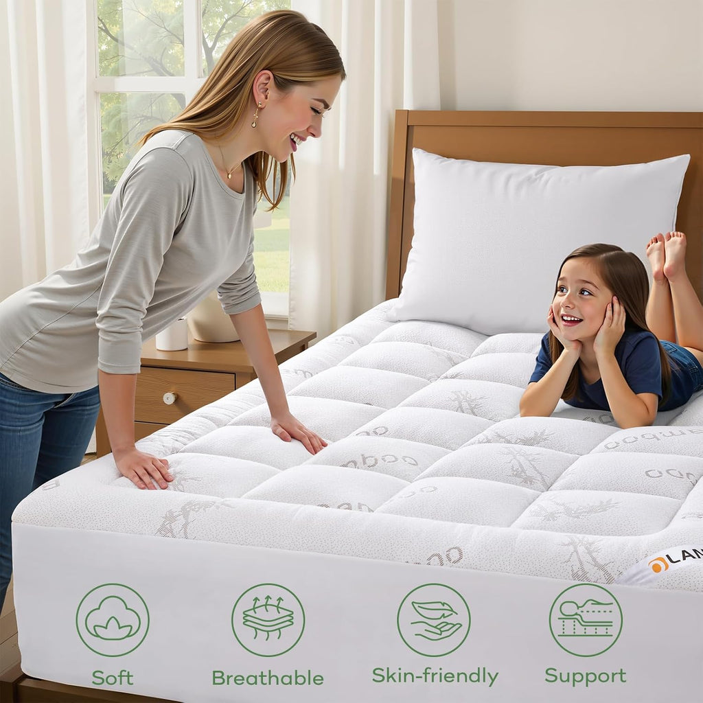 OLANLY King Mattress Topper - Cooling Bamboo Viscose Pillow Top for Back Pain Relief | Plush Down Alternative, White