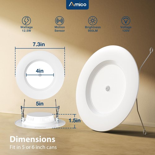 Amico 2 Pack 5/6 inch Motion Sensor Recessed Light, 12.5W=100W, 950LM, 2700K/3000K/4000K/5000K/6000K Selectable, LED Retrofit Can Lights, IC Rated - ETL & FCC, White