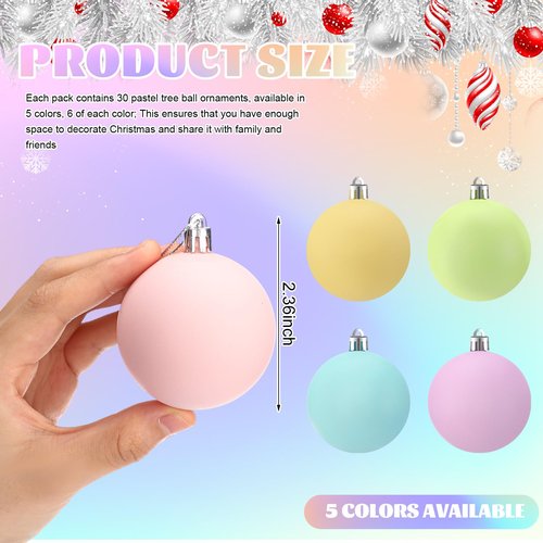 Gejoy 30 Pcs Pastel Christmas Bulbs Ornaments 2.36'' Pastel Candy Christmas Decorations Shatterproof Macaron Xmas Tree Balls Hanging Ornaments Pink Green Yellow Blue Rainbow Xmas Tree Decor