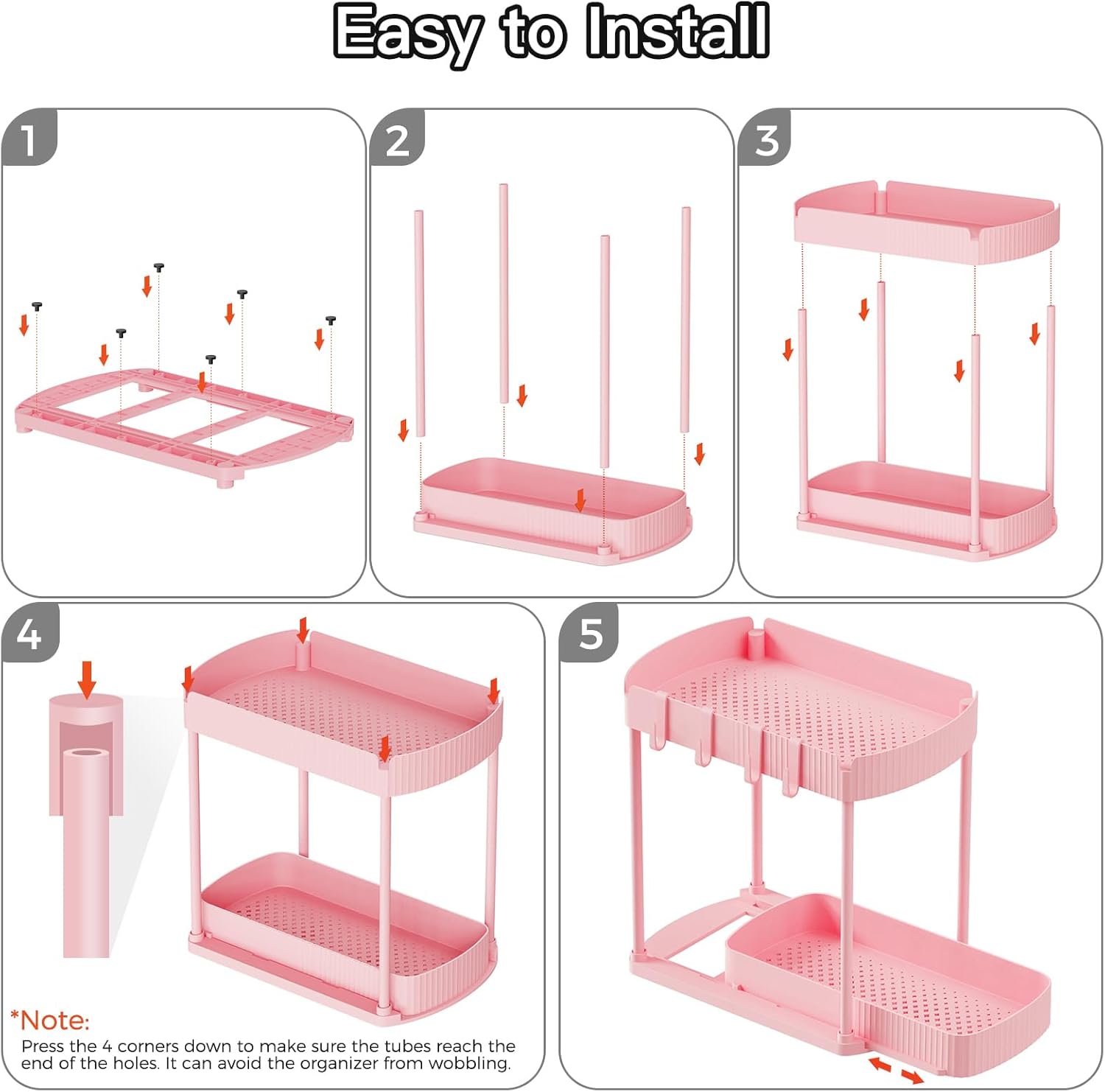 Ukeetap Multi-Purpose Pull-Out Storage Organizers - Under Sink & Cabinet, 12.8 Inch Pink (2 Pack)