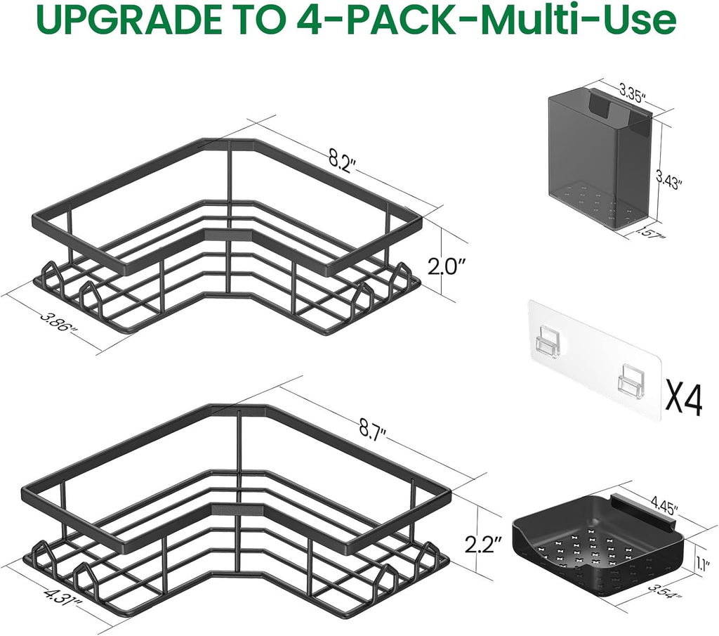 Skiennix Adhesive Shower Caddy - Rustproof Stainless Steel Corner Organizer | 4 Pack with Large Capacity