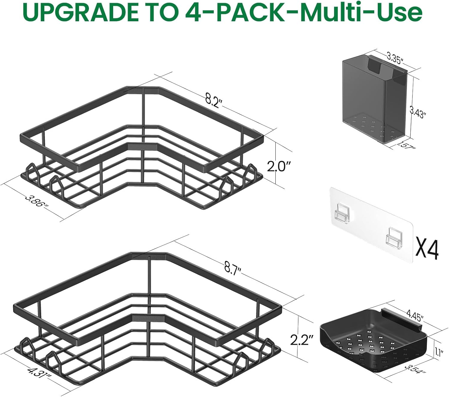 Skiennix Adhesive Shower Caddy - Rustproof Stainless Steel Corner Organizer | 4 Pack with Large Capacity