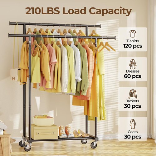 HYSEYY Rolling Clothes Rack - Sturdy Metal Garment Rack for Bedroom & Laundry | Portable Black Wardrobe