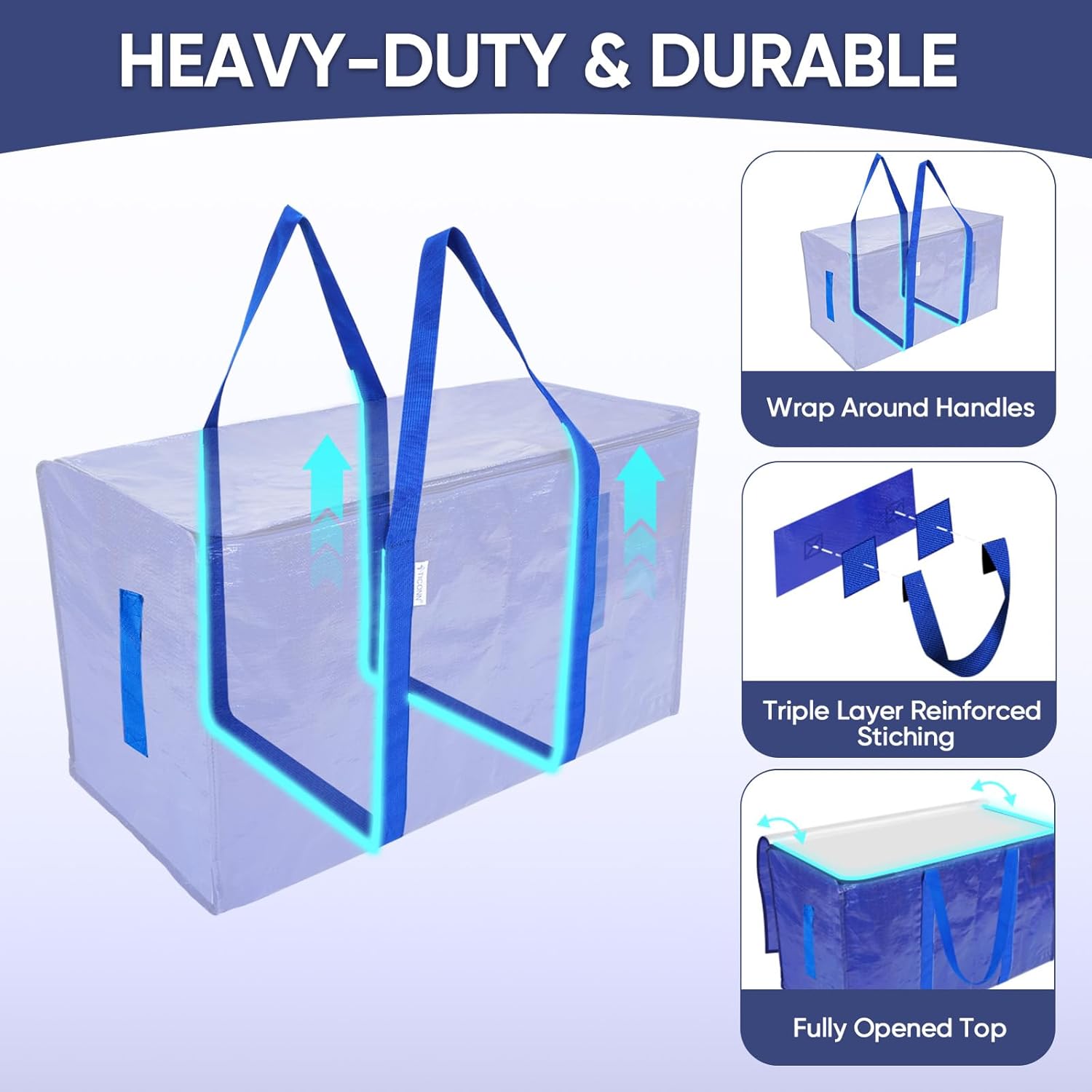 TICONN Extra Large Moving Bags - Heavy-Duty Storage Totes with Zippers & Handles | 30 Gallon, 16 Pack