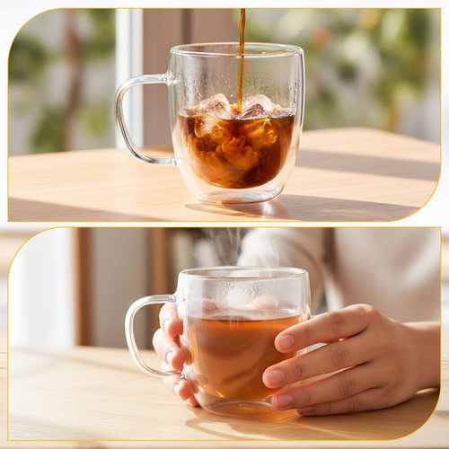 Patelai Pcs 16oz Clear Glass Coffee Mugs Double Walled Coffee Cups Glasses Insulated Latte Mugs with Handle Espresso Clear Cups for Cappuccino Tea, Heat Resistant Borosilicate Glasses for Home Bar