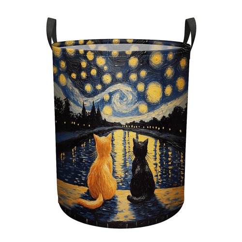 Starry Night Cat Laundry Basket, Large Foldable Clothes Bag Collapsible Storage Bin Basket For Nursery,Office,Toy Organizer,Home,Decor - 19.7 Inch X 15.7 Inch