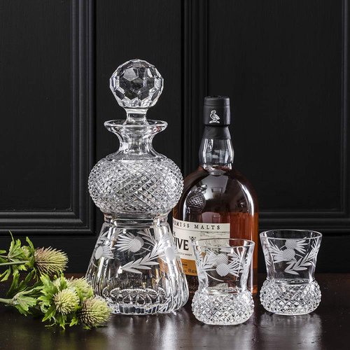 Royal Scot Crystal Flower of Scotland 2 Whisky Tumblers (Thistle Shape) - 85mm Presentation Boxed.