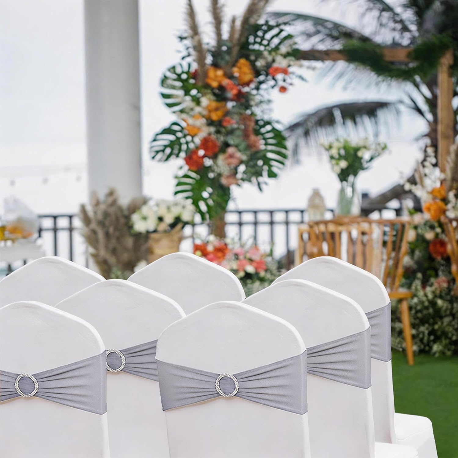 Skiennix 50 Pack Spandex Chair Sashes - Silver Grey with Slider Buckles for Weddings & Events