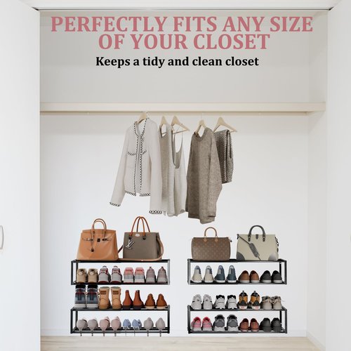 Jchccu 4 Pack Expandable Wall Mounted Shoe Rack, 17"-31" Adjustable Hanging Shoe Rack Holds 32 Pairs, Heavy Duty Metal Shoe Holder with 8 Storage Hooks, Space Saving for Entryway Closet Doorway（Black