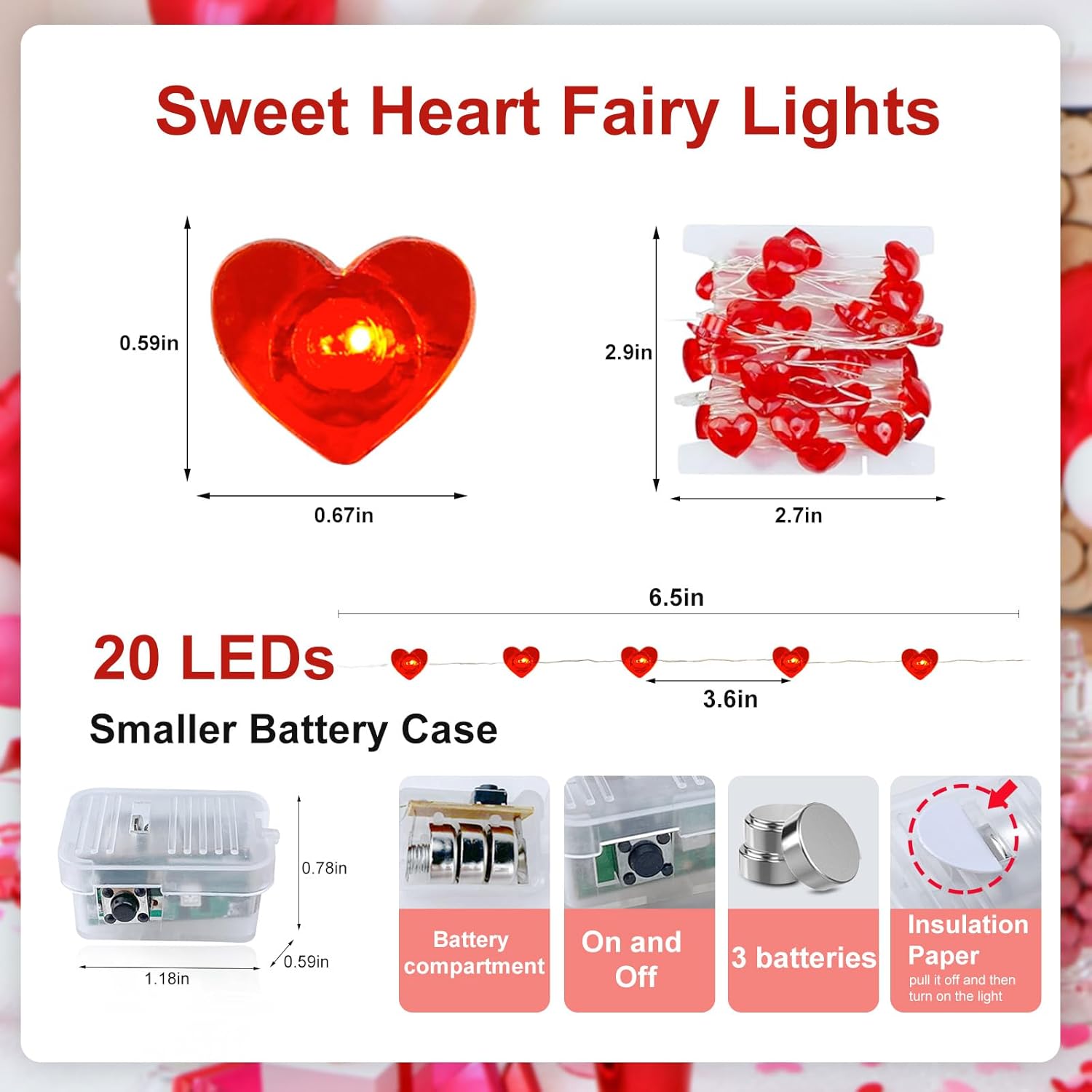 Valentine's Day Red Heart Fairy Lights - 7Ft 20 LED Twinkle String Lights | Battery Operated & Waterproof