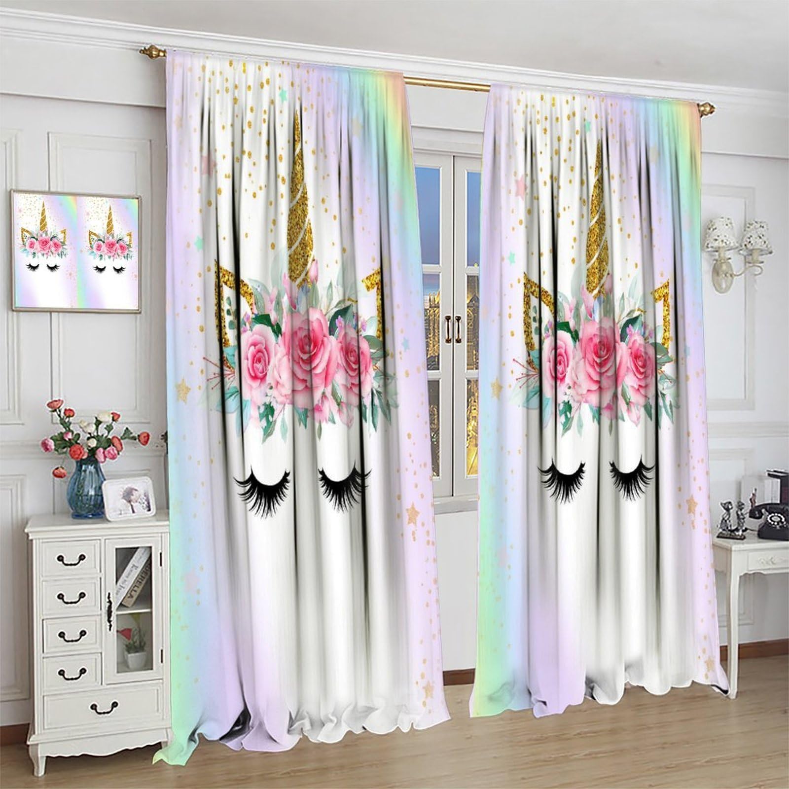 SXXLDNG Kids Unicorn Curtains Rainbow Unicorn Window Curtain Fabric Thermal Insulated for Girl Room 42X63 Inch Decor