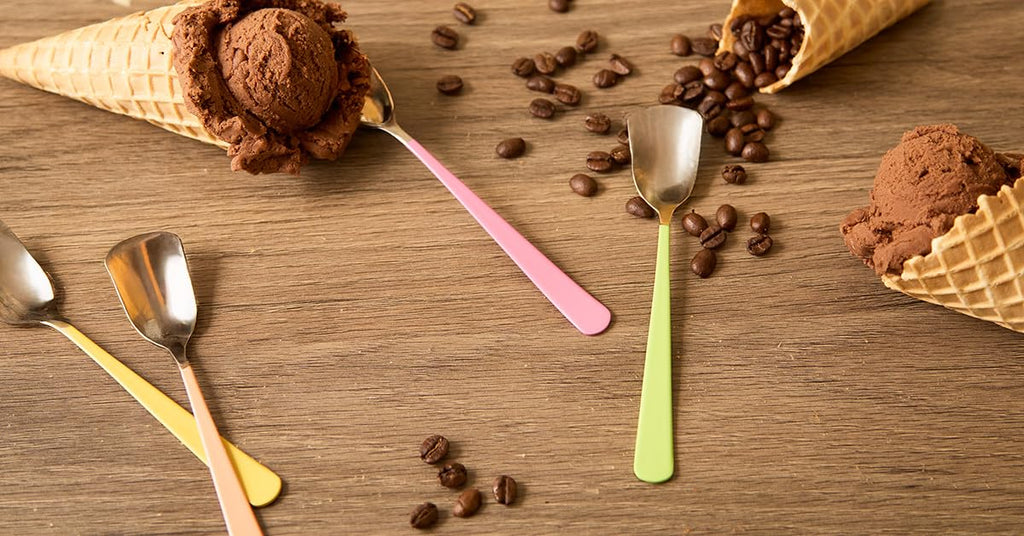 RSVP International Ice Cream Tool Collection, Dishwasher Safe, Large Handle, Colored Handle Spoons, 4 Piece