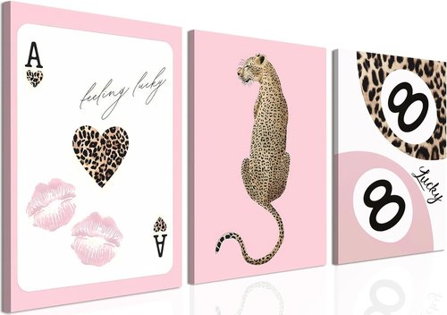 Funky Lucky You | Trendy Leopard Canvas Wall Art Set of 3 - Pink Cheetah Prints for Girls' Bedroom | 12x16 Inch Framed Decor