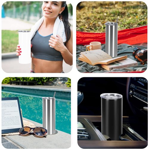 Wzaytia 24 Pack 20 Oz Stainless Steel Straight Tumblers, Insulated Slim Skinny Travel Cup Set, BPA-Free Lids and Straws Included, Silver