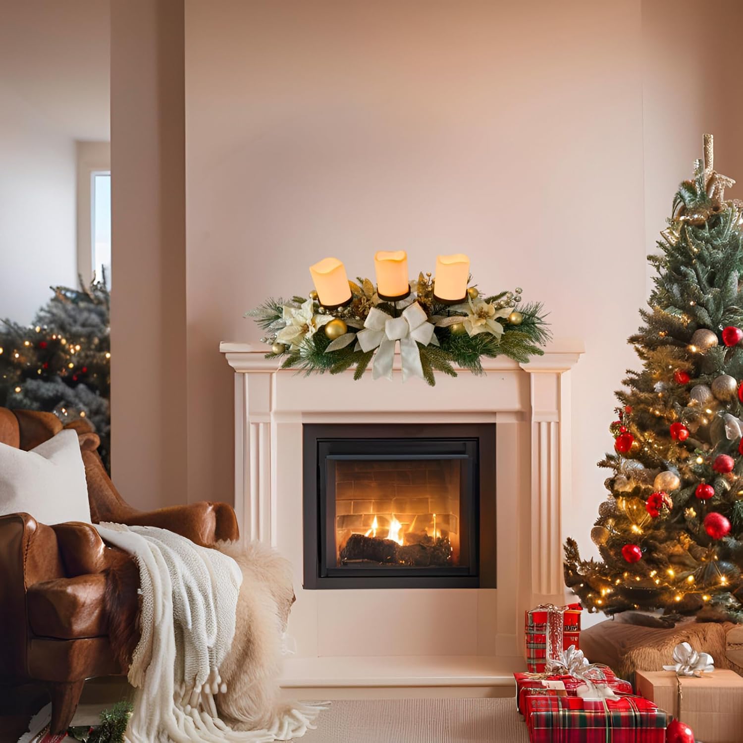 Svndlyn Christmas Candle Holders - Elegant 3-Piece Centerpiece with Poinsettia Flowers & Glitter Pinecones