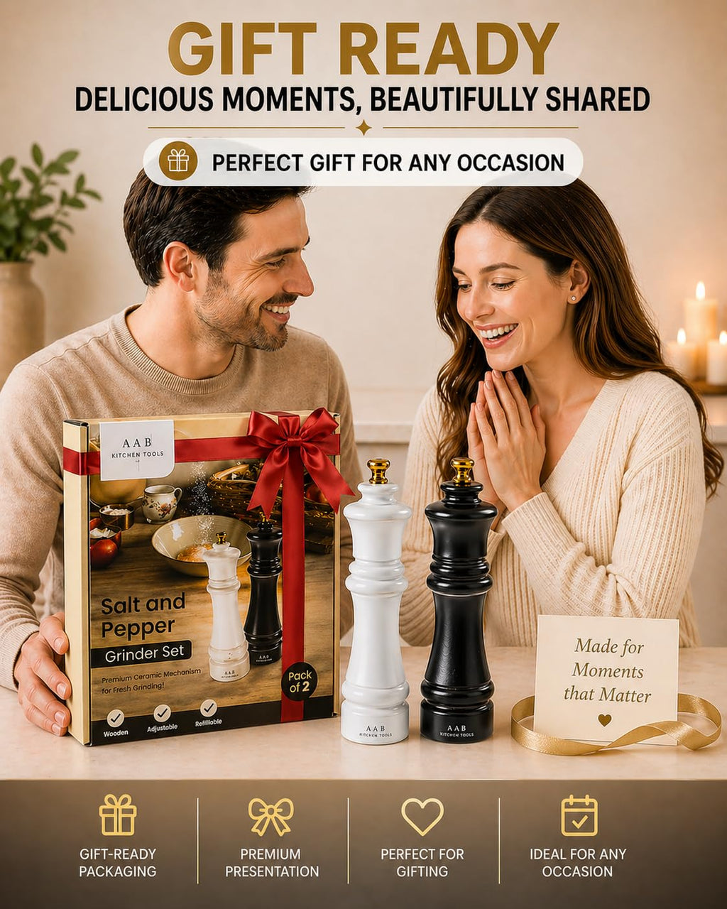 AAB Kitchen Tools Wooden Black and White Manual Refillable Large Salt and Pepper Grinder Set, Shaker with Adjustable Ceramic Grinding Mechanism for Customized Coarseness, 8 Inches, Pack of 2