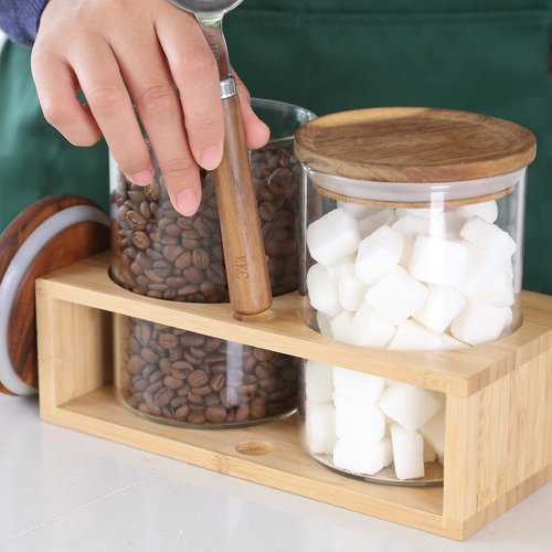 KKC HOME ACCENTS Clear Borosilicate Glass Glass Storage Jars with Airtight Wood Lids,Air Tight Sealed Wooden Top Glass Jars with Spoon for Coffee,Tea,Sugar, 25 OZ (750 ml)