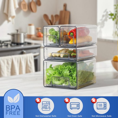 Bronkeeper Pull Out Clear Fridge Organizer Drawers with Drainer, Refrigerator Stackable Storage Bins for Kitchen Fruit & Veggie Organization (2PCS, Large)