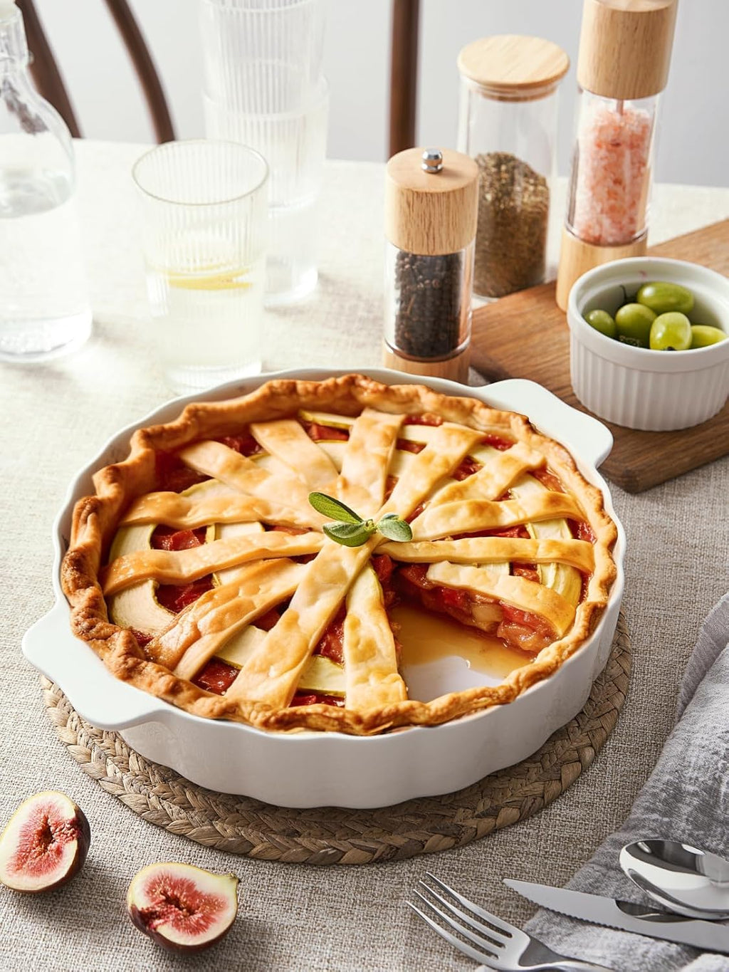 Samsle Ceramic Pie Pan - 13-Inch Round Baking Dish with Double Handles | Ruffled Edge, Oven Safe