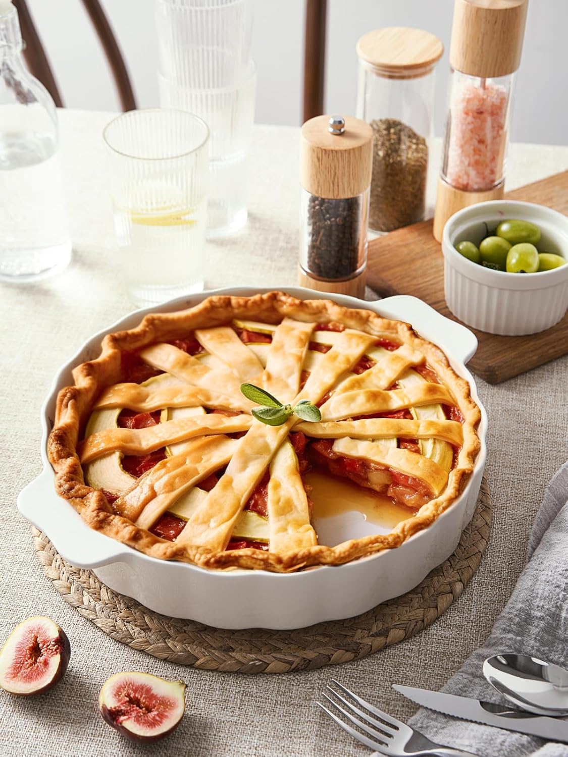 Samsle Ceramic Pie Pan - 13-Inch Round Baking Dish with Double Handles | Ruffled Edge, Oven Safe