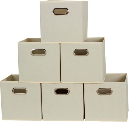 Fabric Storage Bins 6-Piece Set - Strong Poly-Woven Fabric, Sturdy Chipboard, Stackable & Foldable - Classic Cream