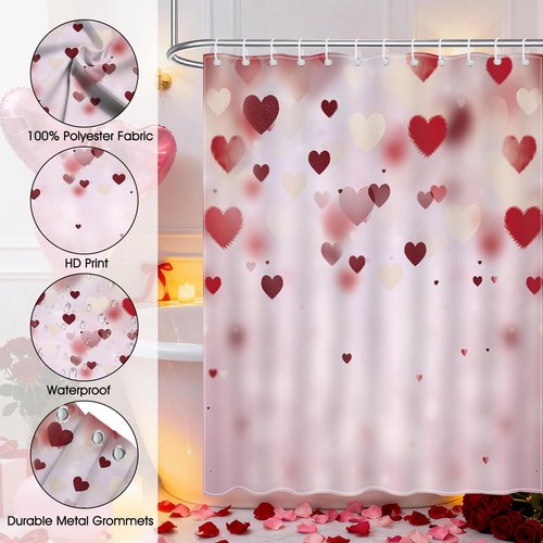 Mocsicka Valentines Day Shower Curtain Pink Red Love Hearts Bathroom Shower Curtain Waterproof Romantic Shower Curtains Bathtub Decor with 12 Hooks 72 X 72 Inches