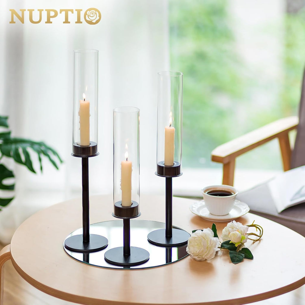 NUPTIO Black Candlestick Holders - Set of 3 Hurricane Taper Holders with Windproof Glass Cover for Elegant Table Decor