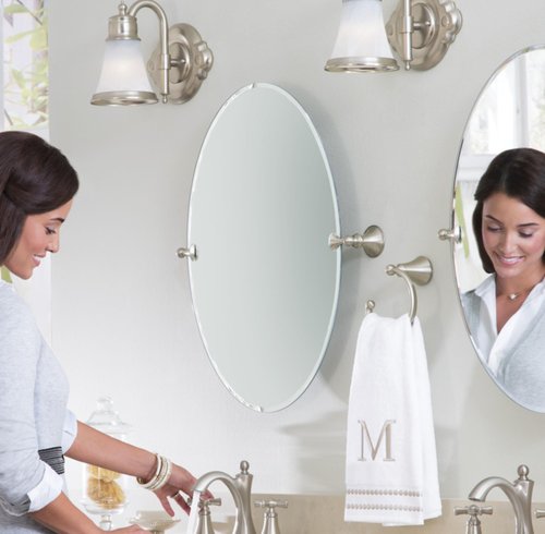Moen Glenshire Brushed Nickel 26-Inch x 22-Inch Frameless Pivoting Bathroom Mirror, Oval Tilting Wall Mounted Setup, DN2692BN