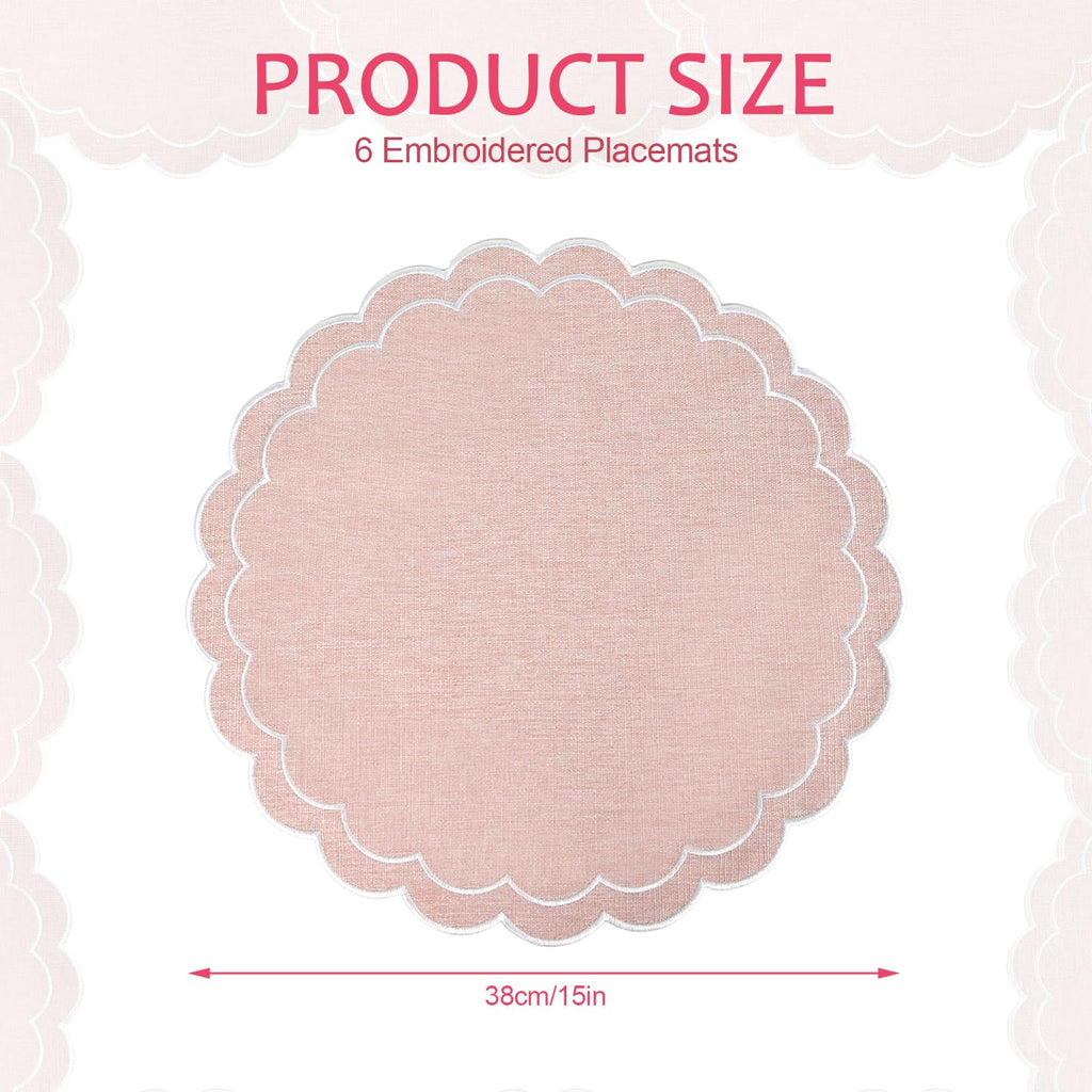 Set of 6 Cotton Linen Placemats, 15 Inch Scalloped Flower Embroidery Cloth Table Mats Double Layered Fabric Machine Washable Wrinkle Free Dining Placemat for Hotel Restaurant Kitchen, Pink