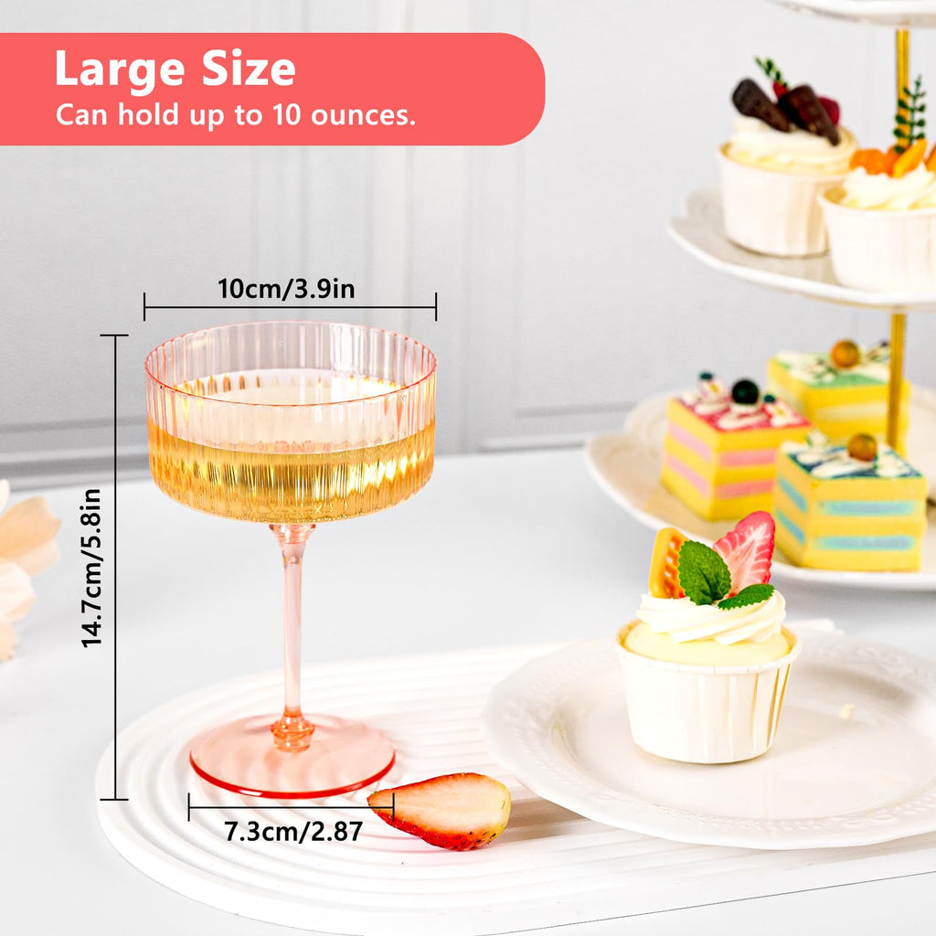 ZOMUIA Ribbed Coupe Glasses 16 Pcs, 10 oz Plastic Champagne Coupe Detachable Acrylic Cocktail Glasses Plastic Martini Glasses for Bar, Wine, Dessert, Cocktail Glassware(Pink)