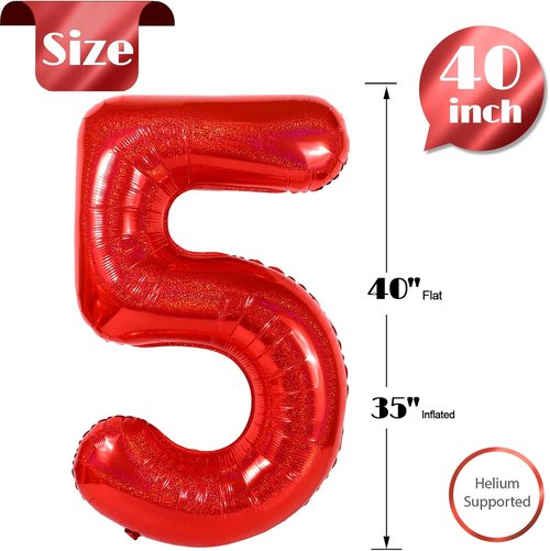 Laser Red Number 5 Balloon - 40 Inch Birthday Decoration for 5th Birthday Parties