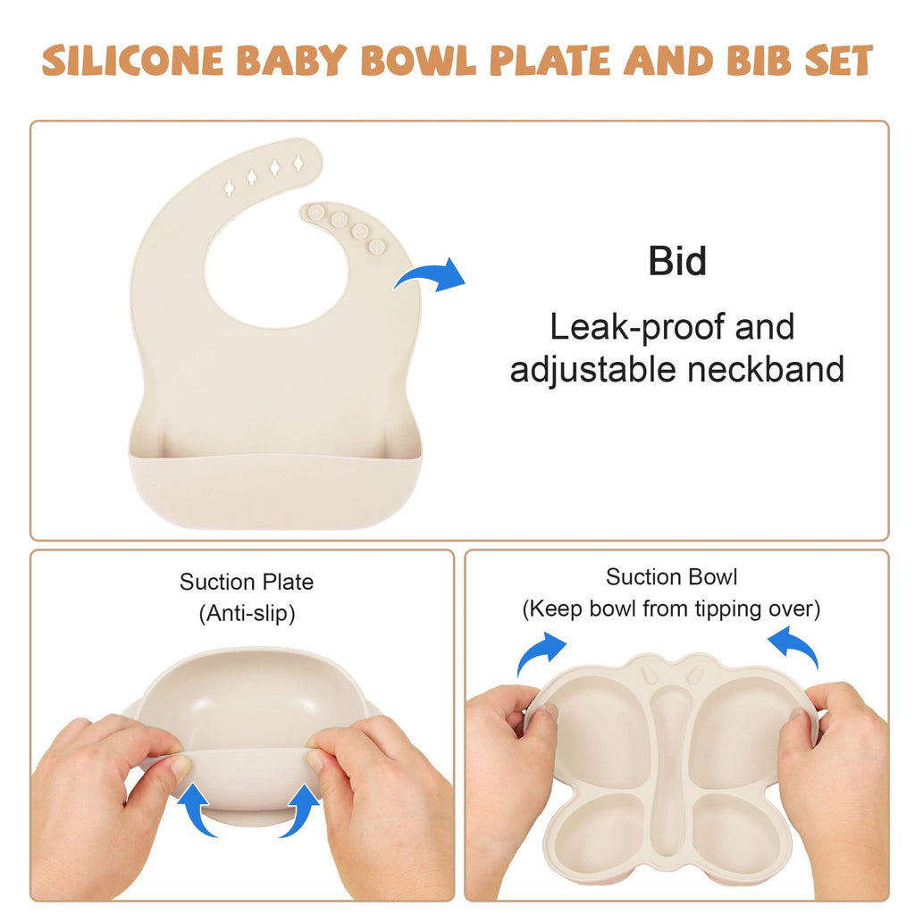 MIICASA Silicone Baby Feeding Set, Baby Led Weaning Supplies, Silicone Suction Butterfly Plate, Bowl, Spoons, Fork and Waterproof Bib & Cloth Bib, Eating Utensils Baby Feeding Essentials (Beige)