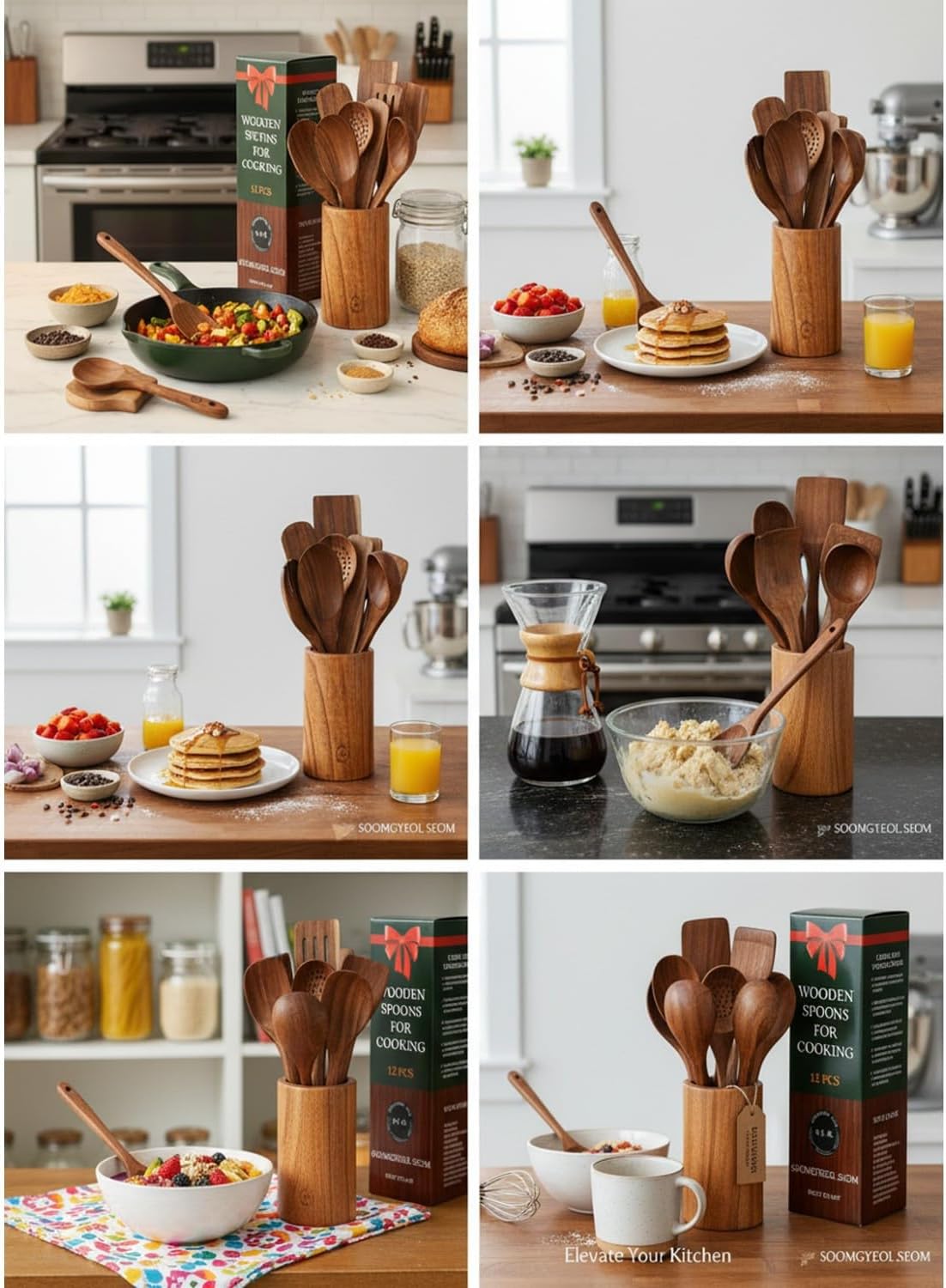 Skiennix 12-Piece Natural Teak Wood Utensil Set - Nonstick Cooking Tools with Holder & Rest
