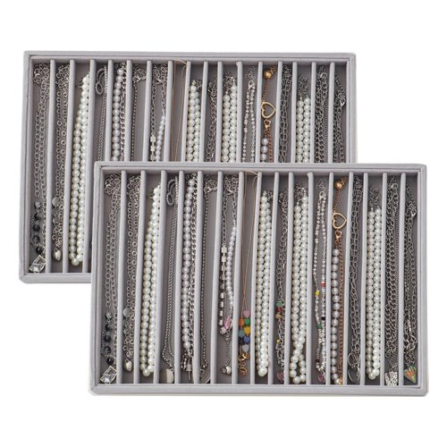 KATISYIO Large Velvet Jewelry Tray 2 Pack Stackable Jewelry Display Drawer Inserts Trays Organizer for Earring Bracelet Necklace Ring (Gray, 16 Grids)