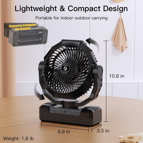 Wavmill Battery Operated Fan [200H Max], 2 in 1 D-Cell Battery & USB Powered Fans, Portable Camping Fan with 4 Speeds, Light, Timer, Remote for Outdoor Tent, Travel, Picnic, Office, Bedroom - Black