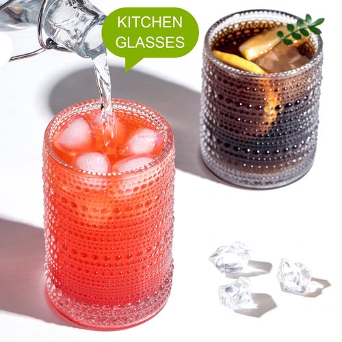 megarte Vintage Hobnail Drinking Glasses - Set of 12 Cocktail Glassware - 6 Pcs Jupiter Water Cups 14 oz & 6 Pcs Cute Beaded Bubble Textured Drinkware 11 oz for Wine Beer Juice Whiskey