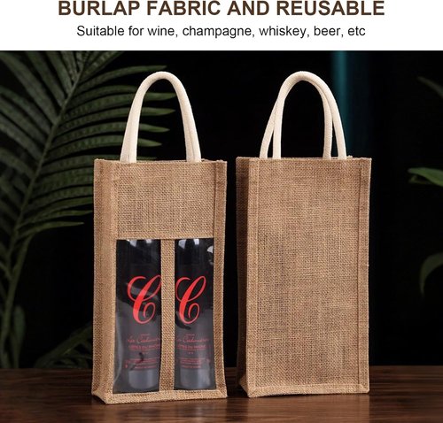 (2-Pack) Reusable 2-Bottle Wine & Champagne Gift Bag Set - Burlap with PVC Window & Handle, 2-Compartment Design for Travel, Weddings, Parties