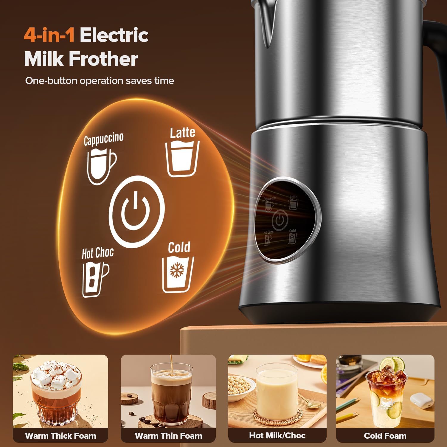 Skiennix Electric Milk Frother - Large Capacity Detachable Foam Maker | 30.44 Oz Stainless Steel Jug