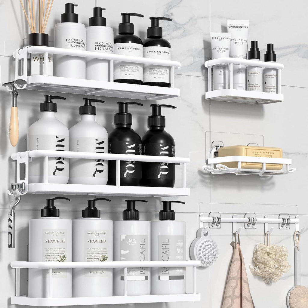 YASONIC Shower Caddy - 6 Pack Large Capacity Organizer with Soap Holder & 12 Hooks | Rustproof White Shelves