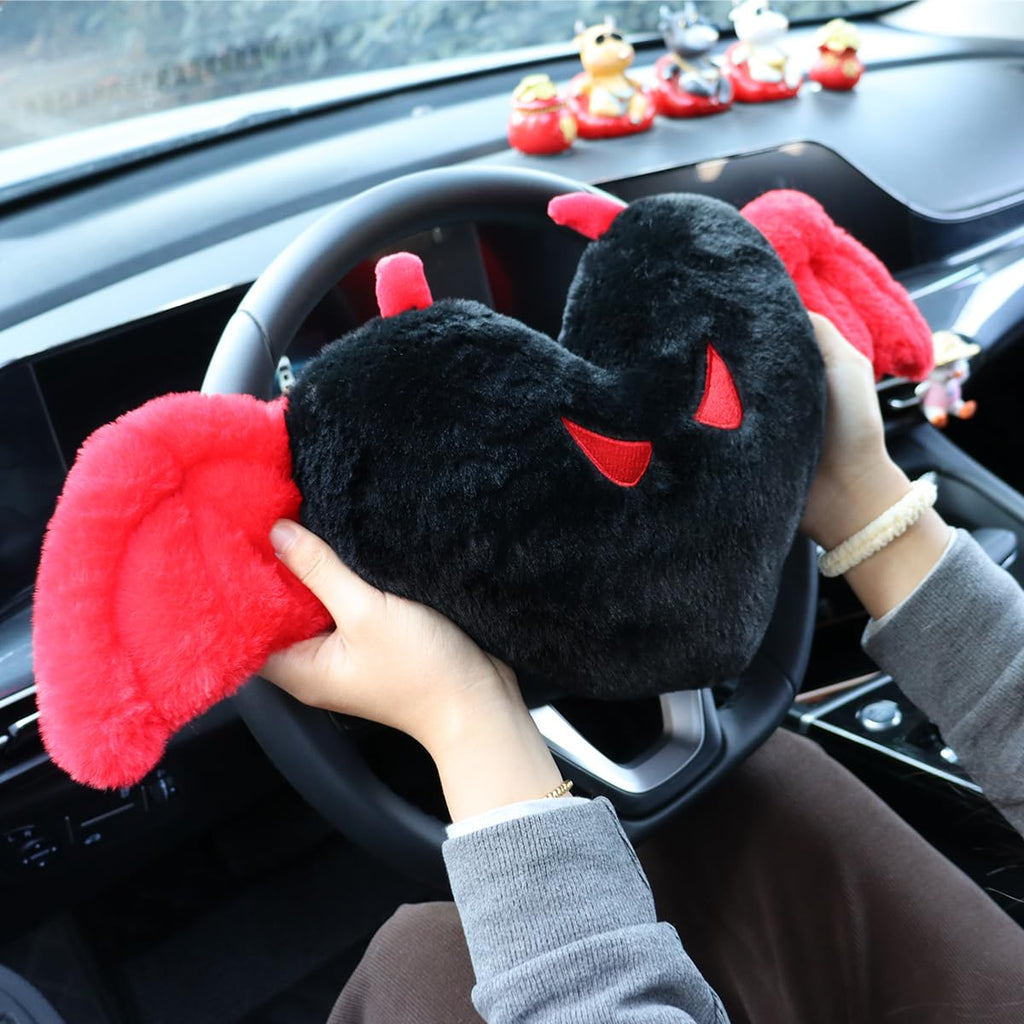 Sexysamba 2 Pcs Heart Shaped Car Headrest Pillow Devil & Angel Wings Neck Pillow Cute Car Seat Decor Neck Support Cushions for Travel Sleeping, Driving, Home, Office, Black Devil