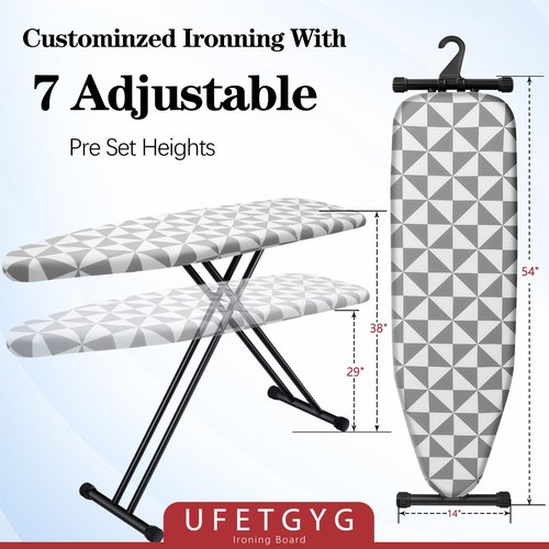 UFETGYG Ironing Board with Silicone Iron Rest pad,Extra Thick Cover,14x54 Compact and Space Saver Iron Board, Height Adjustable,Stable Structure, Easy to Fold, Gray and White
