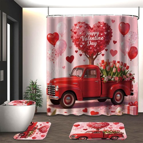 DDS-DUDES Lover Shower Curtain Set for Bathroom, Wedding,Happy Valentine's Day Red Car Heart Bath Curtain, Waterproof Fabric Shower Curtains with Hooks 71x71 inches